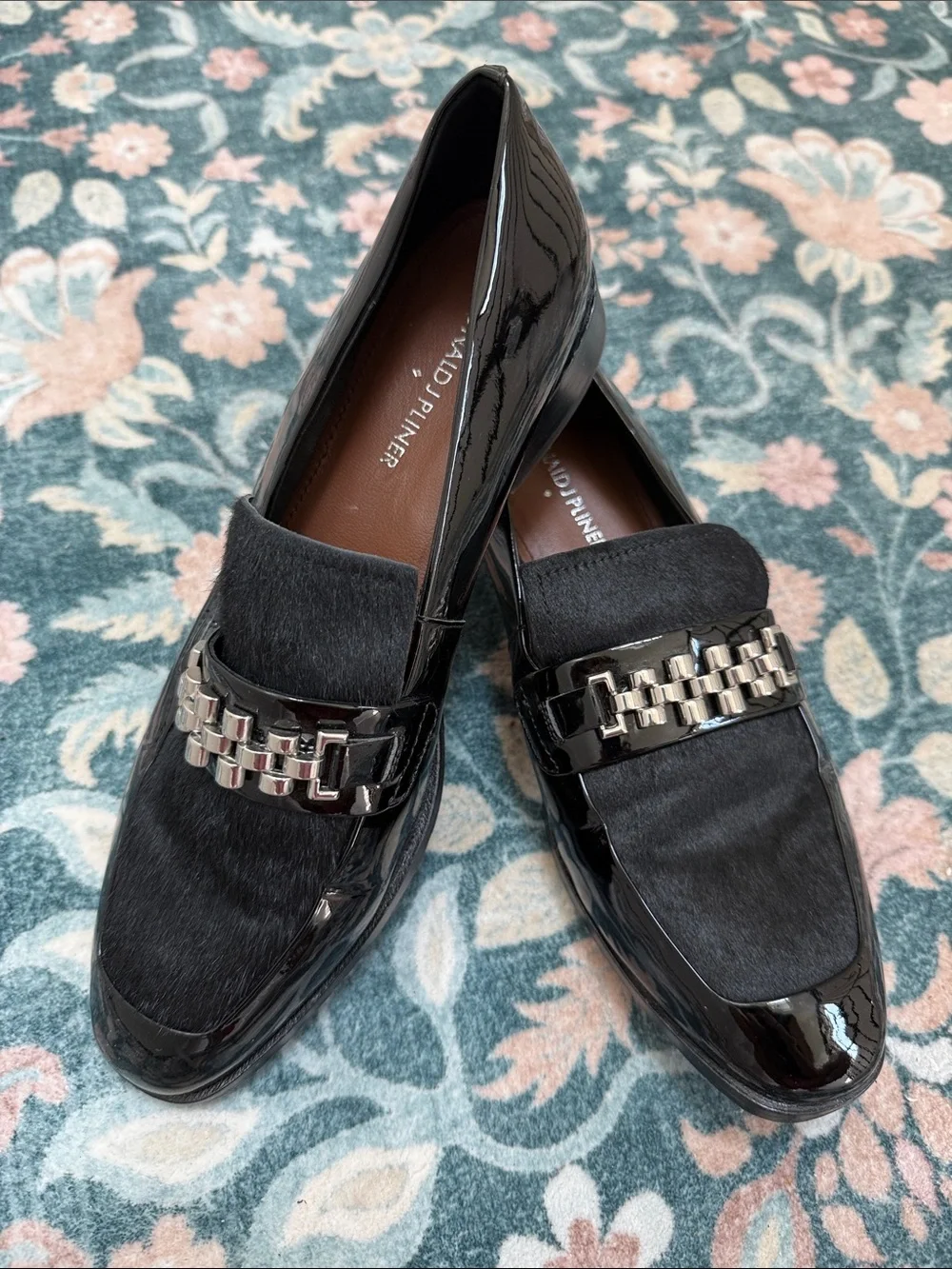 Donald J. Pliner Black Patent & Haircalf Loafers with Silver Chain
